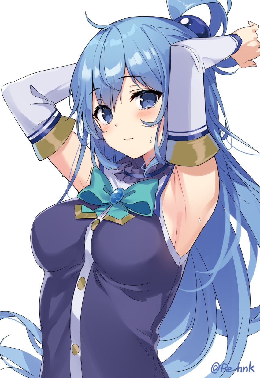 1girl absurdres aqua_(konosuba) armpits arms_up bare_shoulders blue_eyes blue_hair blue_shirt bow bowtie breasts brooch buttons closed_mouth detached_sleeves hair_ornament hair_rings highres jewelry kono_subarashii_sekai_ni_shukufuku_wo! large_breasts long_hair long_sleeves looking_at_viewer sakura_honoka_(srhk0623) shirt simple_background sleeveless sleeveless_shirt solo sweat upper_body very_long_hair white_background