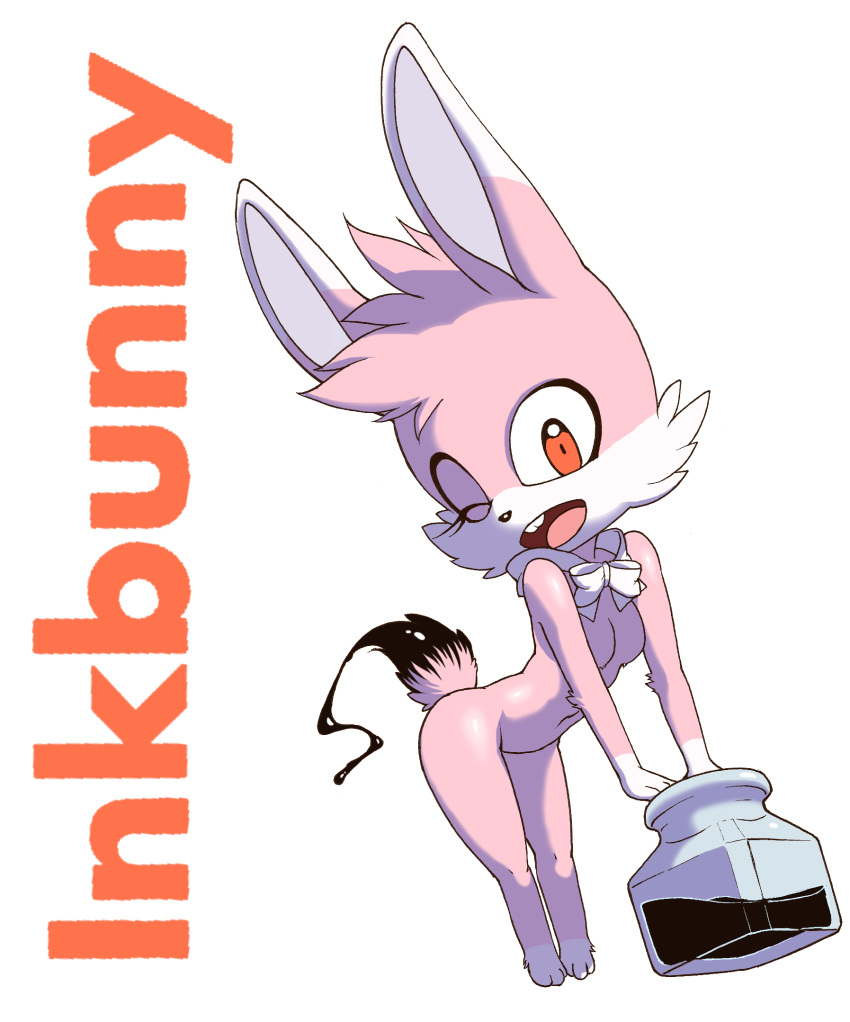 anthro bent_over bow breasts dash-the-cheetah eyelashes featureless_breasts female fur hi_res ink ink_bottle inkbunny inkbunny_(character) lagomorph leporid logo looking_at_viewer mammal mascot navel nude one_eye_closed pink_body pink_fur rabbit red_eyes solo standing text wink