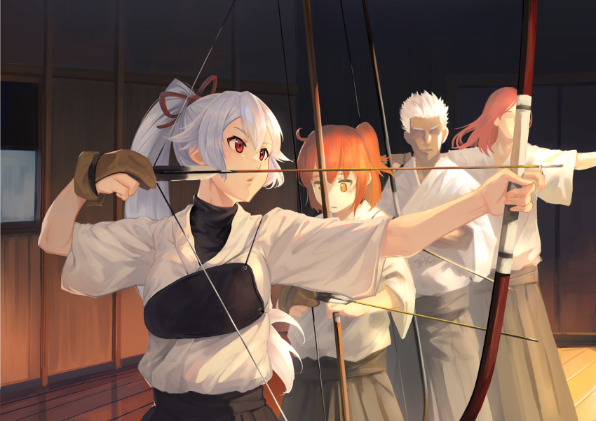 2boys 2girls :o albino archer archery archery_dojo arrow bow character_request dark_skin fate/grand_order fate_(series) fujimaru_ritsuka_(female) hair_bow highres japanese_clothes japanese_house jhc_kai long_hair multiple_boys multiple_girls muneate orange_eyes pale_skin ponytail red_bow red_eyes red_hair short_hair side_ponytail tomoe_gozen_(fate/grand_order) tristan_(fate/grand_order) white_hair