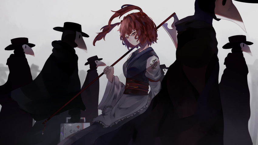 1girl 6+others ambiguous_gender apron armband black_cape black_headwear cape clothes_writing commentary dress english_commentary expressionless grey_background hat head_tilt highres holding holding_scythe juliet_sleeves layered_dress long_sleeves looking_at_viewer medicine_box multiple_others naufaldreamer obi onozuka_komachi plague_doctor_mask puffy_sleeves red_cross red_eyes red_hair sash scythe short_hair standing touhou two_side_up waist_apron wind wind_lift