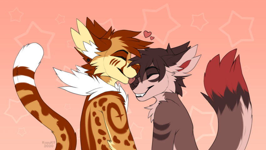 &lt;3 2020 ambiguous/ambiguous ambiguous_gender anthro anthro_on_anthro arm_tuft biped black_body black_fur black_hair brown_body brown_fur brown_nose brown_spots canid canine canis cheek_tuft cheetah citrinelle_(character) dated digital_drawing_(artwork) digital_media_(artwork) dipstick_tail duo ear_piercing eyes_closed face_lick facial_tuft fangs felid feline fluffy fluffy_tail fur fur_markings grey_body grey_fur grey_text hair happy head_tuft inner_ear_fluff kazu_(kazuk9) kazuk9 kissing licking love mammal markings multicolored_body multicolored_fur multicolored_tail neck_tuft nude number pattern_background piercing pink_background raised_tail red_body red_fur romantic_ambiance romantic_couple short_hair side_view simple_background smile spots spotted_body spotted_fur standing star_background teeth tongue tongue_out tuft watermark white_body white_fur wolf