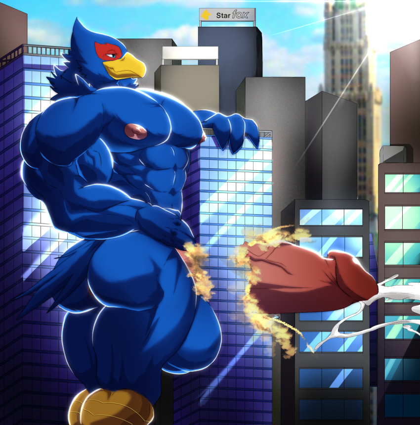 anthro avian balls bastroceive bird bodily_fluids building building_penetration building_sex city cum falco_lombardi genital_fluids genitals hi_res macro male masturbation muscular muscular_male nintendo penis sex skyscraper solo star_fox video_games