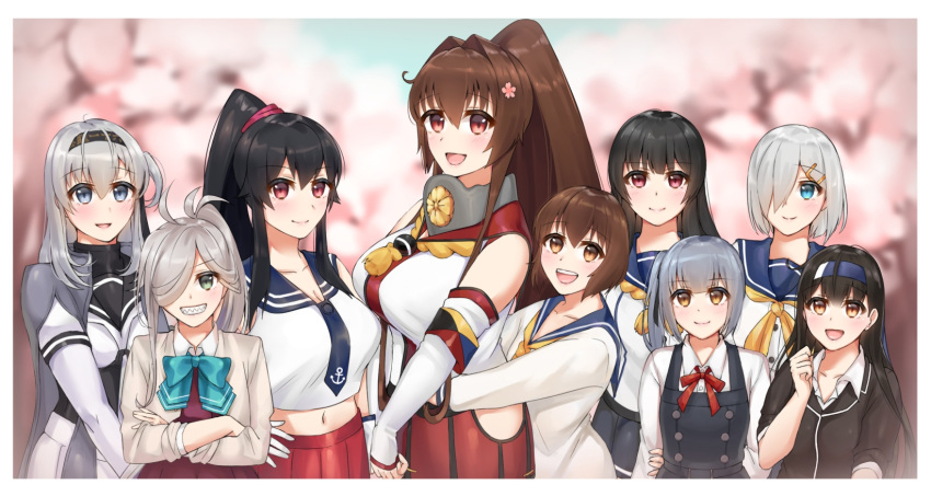 6+girls :d armband asashimo_(kantai_collection) ayuko91 black_hair black_skirt blue_eyes blue_neckwear bow bowtie breasts brown_eyes brown_hair buttons cape cherry_blossoms cleavage crossed_arms detached_sleeves dress eyebrows_visible_through_hair grey_cape hair_ornament hair_over_one_eye hair_scrunchie hairclip halterneck hamakaze_(kantai_collection) hatsushimo_(kantai_collection) headband highres hip_vent isokaze_(kantai_collection) kantai_collection kasumi_(kantai_collection) large_breasts long_hair long_sleeves looking_at_viewer midriff multiple_girls navel neck_ribbon neckerchief necktie one_side_up open_mouth pinafore_dress pleated_dress pleated_skirt ponytail purple_dress purple_scrunchie red_eyes red_ribbon red_skirt remodel_(kantai_collection) ribbon sailor_dress school_uniform scrunchie serafuku short_hair side_ponytail sidelocks silver_hair skirt sleeveless sleeveless_dress smile suzutsuki_(kantai_collection) white_neckwear yahagi_(kantai_collection) yamato_(kantai_collection) yellow_eyes yellow_neckwear yukikaze_(kantai_collection)