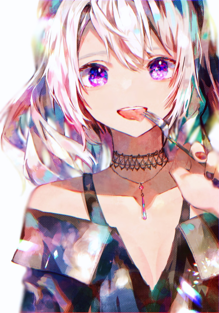 1girl bare_shoulders black_dress collarbone commentary dress flat_chest flower_(vocaloid) fork fork_in_mouth highres holding holding_fork jewelry karanagare_4 lace_collar long_hair looking_at_viewer nail_polish necklace ponytail purple_eyes purple_nails smile solo tongue tongue_out upper_body vocaloid white_background white_hair