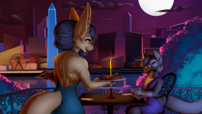 16:9 black_hair blue_eyes canid canine city cityscape clothing dinner dress eyes_closed female fenavi_montaro fennec feretta fox fur grey_body grey_fur hair hi_res mammal muscular muscular_female rear_view red_fox silver_fox smile tale_of_tails vix_(feretta) webcomic widescreen yellow_body yellow_fur