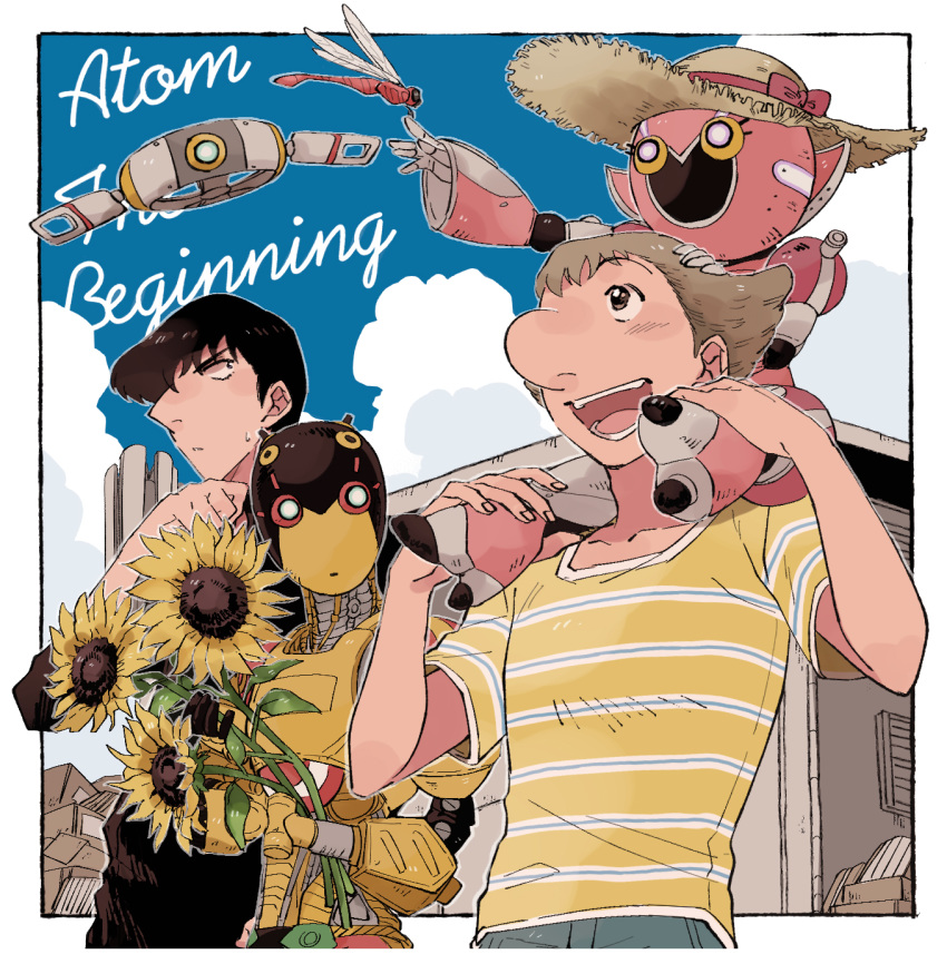 2boys a106 a107 atom:_the_beginning big_nose black_eyes black_hair blue_sky brown_eyes brown_hair bug carrying cloud copyright_name day dragonfly flower highres holding holding_flower insect iyo_(kurumiwarin) looking_at_another male_focus multiple_boys ochanomizu_hiroshi outdoors piggyback robot shirt sky standing striped striped_shirt sunflower t-shirt tenma_umatarou upper_body yellow_shirt