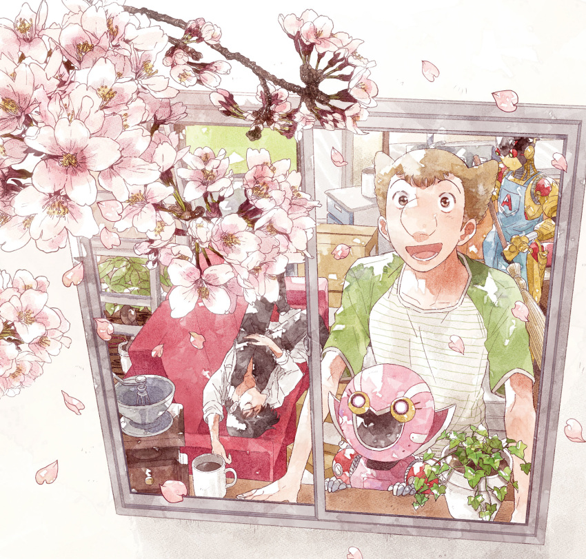 2boys :d a106 a107 apron atom:_the_beginning big_nose broom brown_hair cherry_blossoms couch cup day highres iyo_(kurumiwarin) looking_out_window male_focus mug multiple_boys ochanomizu_hiroshi on_couch open_mouth plant potted_plant robot shirt sleeping smile t-shirt tenma_umatarou window