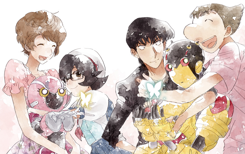 2boys 2girls :d a106 a107 absurdres atom:_the_beginning big_nose black-framed_eyewear black_hair blue_skirt brown_hair bug butterfly closed_eyes dress highres insect iyo_(kurumiwarin) long_sleeves multiple_boys multiple_girls ochanomizu_hiroshi ochanomizu_ran open_mouth pink_dress pink_shirt red_ribbon ribbon robot school_uniform shirt short_hair skirt smile t-shirt tenma_umatarou tsutsumi_motoko white_background