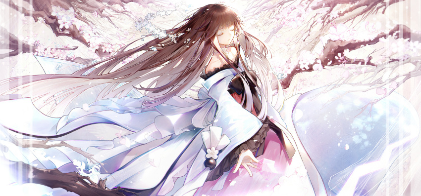 1girl bai_qi-qsr bangs bare_shoulders black_bow bow brown_hair character_request closed_eyes closed_mouth collarbone commentary_request eyebrows_visible_through_hair floating_hair flower forever_7th_capital frilled_sleeves frills highres long_hair long_sleeves off_shoulder pink_flower solo tears tree_branch very_long_hair wide_sleeves