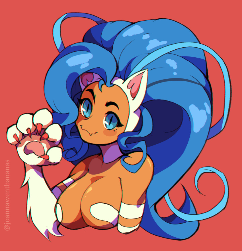 1girl absurdres animal_ears big_hair blue_eyes blue_hair blush breasts cat_ears cat_girl claws cleavage dark_skin fang felicia fur hand_up highres jojowentbananas large_breasts long_hair paws red_background simple_background skin_fang slit_pupils upper_body vampire_(game) white_fur