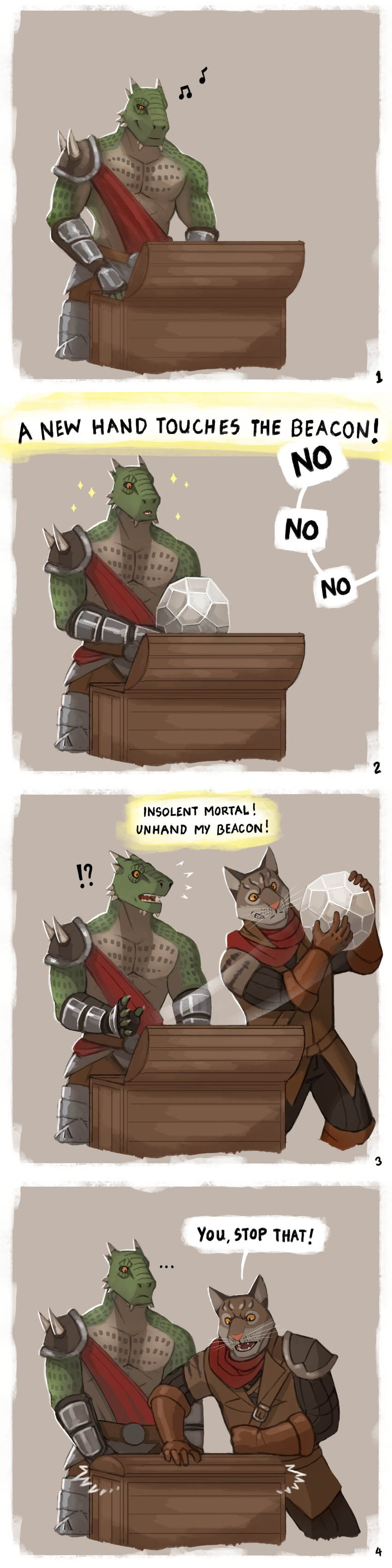 1:4 5_fingers 7theaven absurd_res anthro argonian armor bethesda_softworks brown_body brown_fur chest_(container) comic duo english_text felid feline fingers fur green_body green_scales hi_res holding_object humming khajiit long_image male male/male mammal motion_lines multicolored_body multicolored_fur multicolored_scales notes open_mouth raj-mota_rus_(character) scales scalie slam speech_bubble tall_image teeth text the_elder_scrolls video_games whisker_spots whiskers yellow_eyes zah'ari_(character)