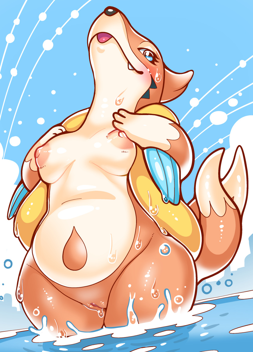 absurd_res anthro anthrofied blue_eyes blush breasts curvy_figure eyelashes female floatzel genitals glistening glistening_body head_up hi_res nintendo nipples outside partially_submerged pok&eacute;mon pok&eacute;mon_(species) pussy slightly_chubby solo tongue tongue_out uyu video_games voluptuous wet wide_hips