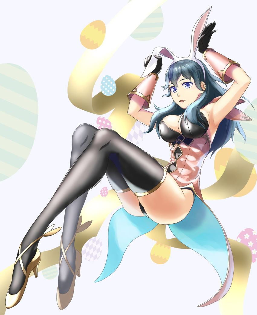 1girl absurdres animal_ears arms_up black_gloves black_legwear blue_eyes blue_hair breasts bunny_ears byleth_(fire_emblem) byleth_(fire_emblem)_(female) easter_egg egg fake_animal_ears fire_emblem fire_emblem:_three_houses fire_emblem_heroes full_body gloves gzo1206 high_heels highres large_breasts open_mouth solo thighhighs