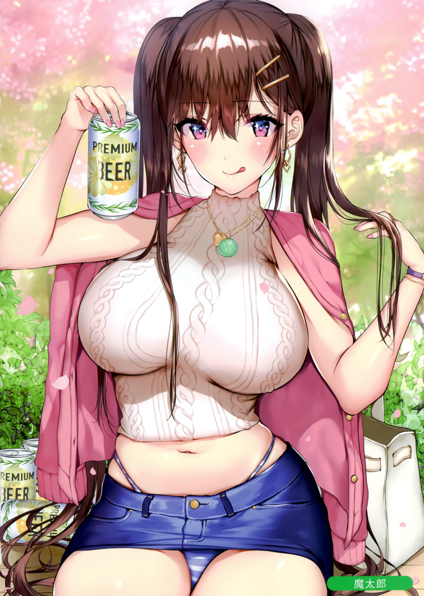 1girl absurdres bangs brown_hair eyebrows_visible_through_hair fingernails hair_ornament highres jewelry lips looking_at_viewer matarou_(genkai_toppa) melonbooks midriff miniskirt navel necklace panties purple_eyes shiny shiny_hair skirt smile solo stomach striped striped_panties tongue tongue_out underwear