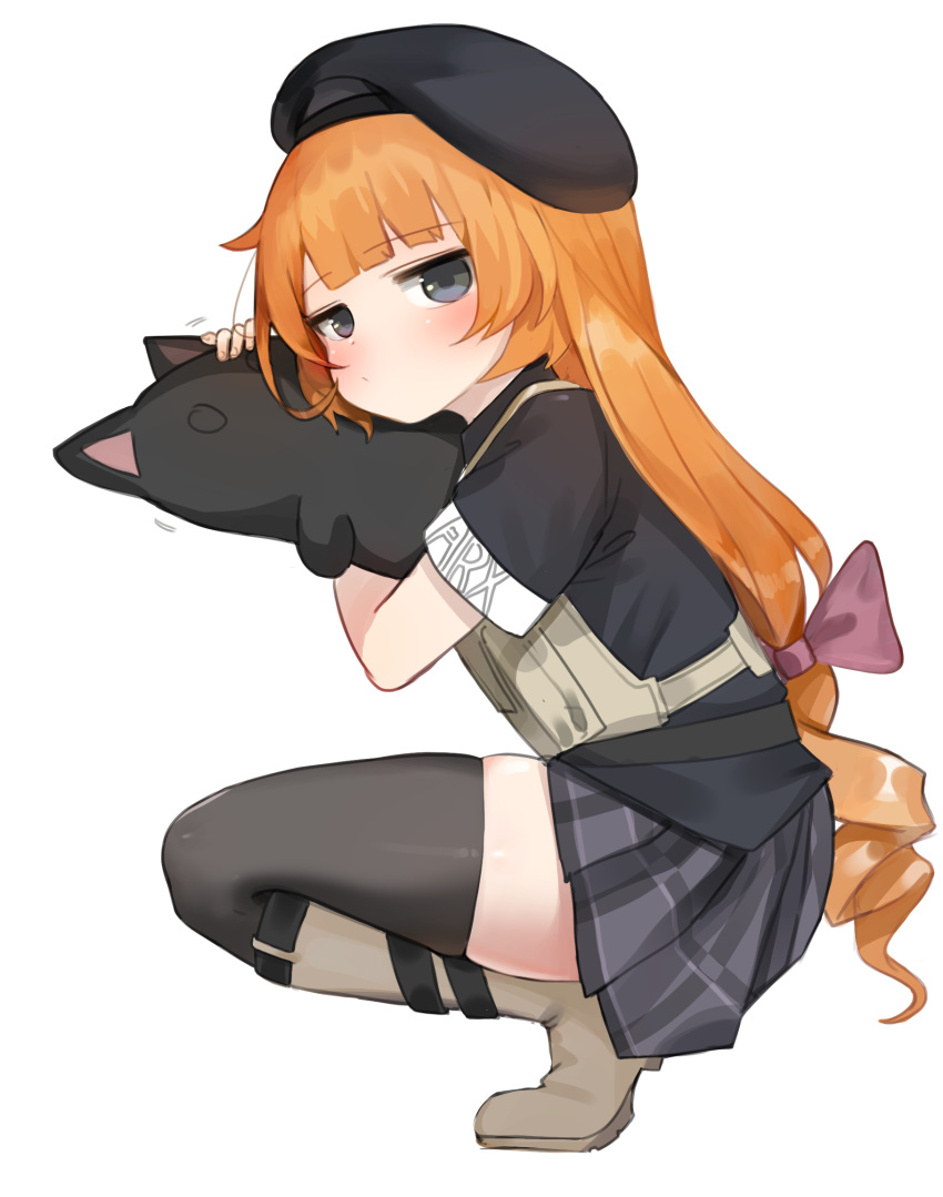 1girl arx-160_(girls_frontline) bangs beret black_headwear black_shirt blush boots bow brown_footwear brown_hair character_name closed_mouth dokomon eyebrows_visible_through_hair full_body girls_frontline grey_eyes grey_legwear grey_skirt hair_bow hat highres knee_boots long_hair object_hug plaid plaid_skirt pleated_skirt purple_bow shirt short_sleeves simple_background skirt solo squatting stuffed_animal stuffed_cat stuffed_toy thighhighs very_long_hair white_background