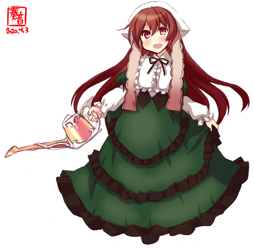 1girl artist_logo brown_eyes brown_hair commentary_request cosplay dated dress feet_out_of_frame frilled_dress frills green_dress highres kanon_(kurogane_knights) kantai_collection kisaragi_(kantai_collection) long_hair look-alike looking_at_viewer open_mouth revision round_teeth rozen_maiden simple_background smile solo suiseiseki suiseiseki_(cosplay) teeth upper_teeth watering_can white_background