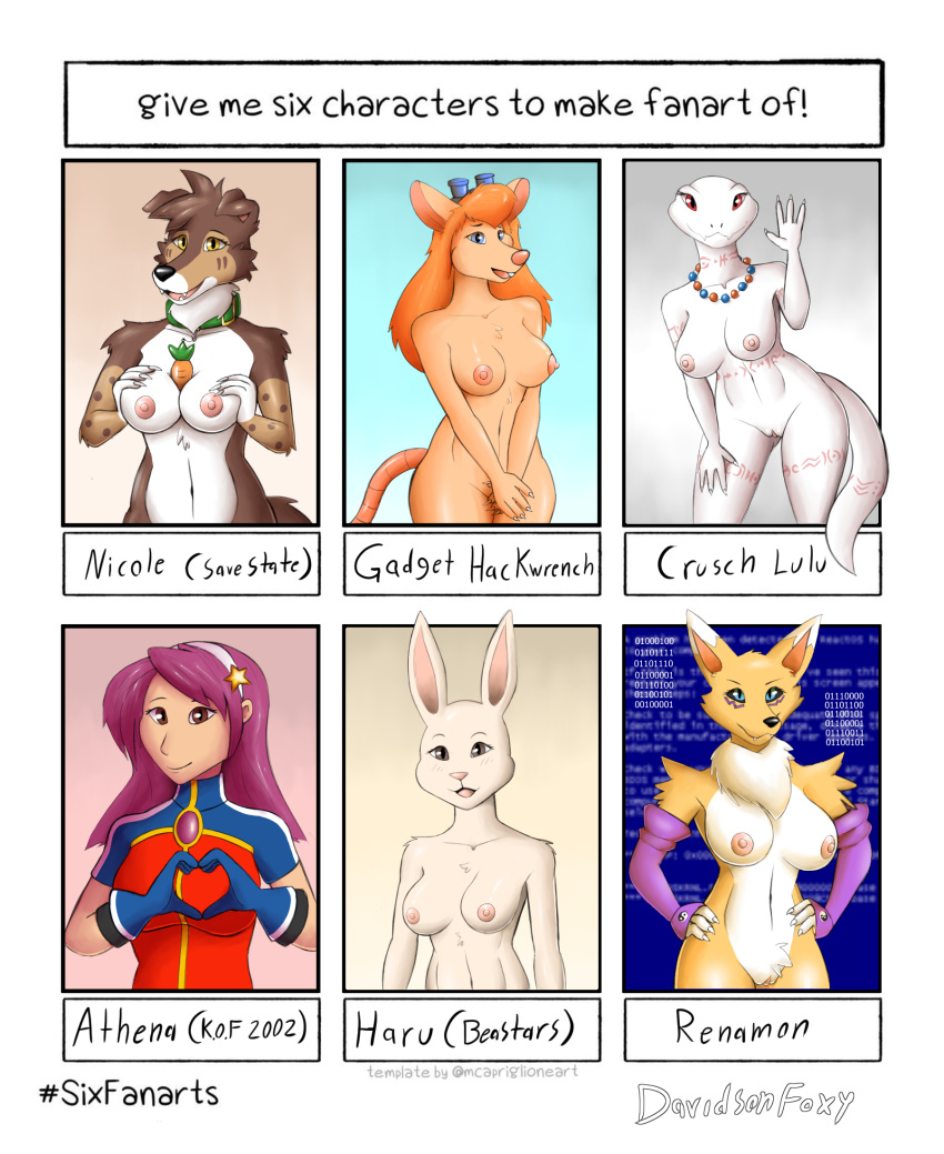 &lt;3 anthro athena_(king_of_fighters) beastars breast_grab breast_squish breasts canid canine canis carrot chip_'n_dale_rescue_rangers clothed clothing collar crotch_tuft crusch_lulu davidsone digimon digimon_(species) disney domestic_dog english_text error_message exposed_breasts eyewear female food fur gadget_hackwrench get glasses gloves hand_on_breast handwear haru_(beastars) hi_res human king_of_fighters lagomorph leporid lizard mammal mouse murid murine nicole_(savestate) nipples nude overlord_(series) pink_nipples pink_nose plant rabbit renamon reptile rodent savestate scalie sex six_fanarts_challenge squish text titfuck tuft vegetable ying_and_yang