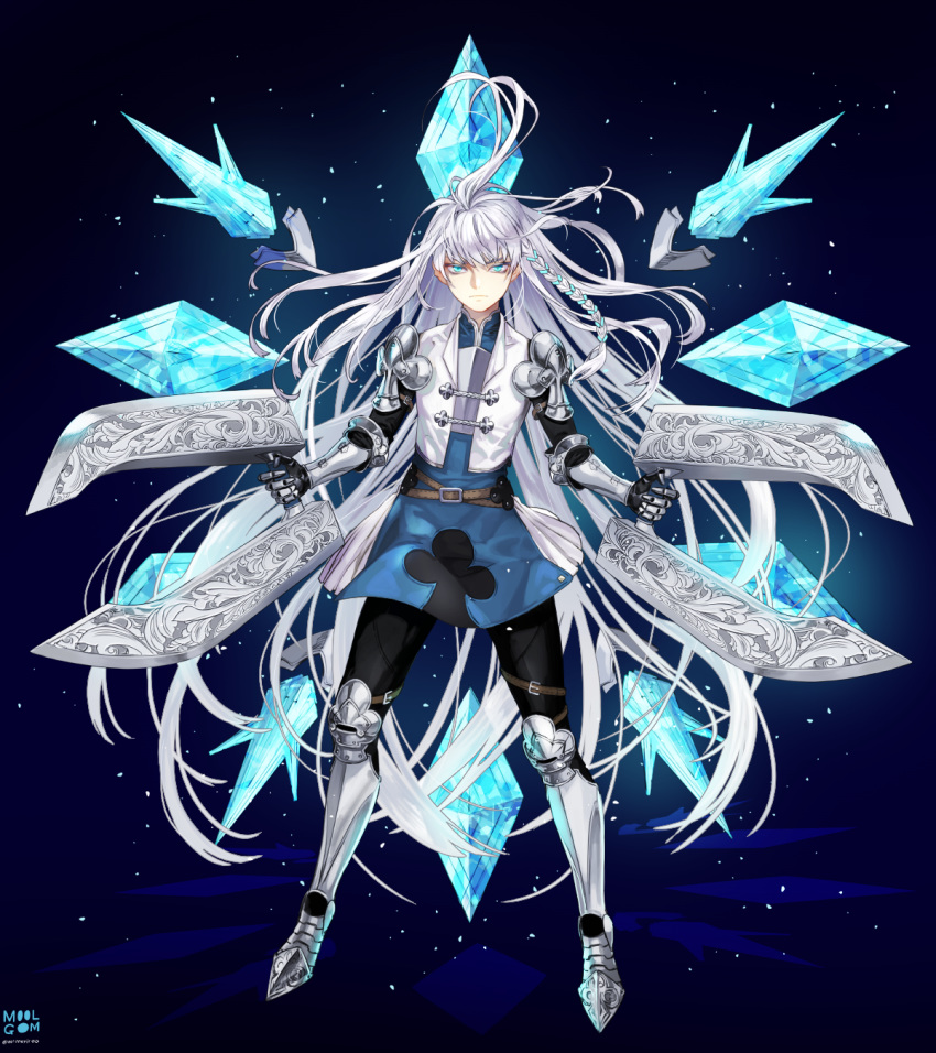 1other androgynous armor blue_eyes braid closed_mouth dual_wielding floating floating_hair gauntlets greaves highres holding holding_weapon ice long_hair oollnoxlloo original pauldrons signature solo standing sword vambraces weapon white_hair