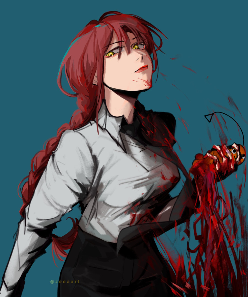 1girl black_necktie black_neckwear blood blood_on_clothes blood_on_face blood_splatter braid braided_ponytail breasts brown_hair business_suit chainsaw_man expressionless eyebrows_visible_through_hair formal hair_between_eyes heart highres long_hair looking_at_viewer makima_(chainsaw_man) medium_breasts necktie pochita_(chainsaw_man) ringed_eyes shirt_tucked_in solo suit yellow_eyes zeeaart