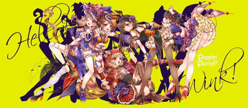 5girls :d ;d animal_ears animal_on_shoulder ankle_strap arm_warmers armband ass bang_dream! bangs bat bent_over black_footwear black_hair black_legwear blonde_hair blue_bow blue_eyes blue_footwear blue_gloves blue_headwear blue_neckwear blue_scrunchie boots bow bowtie braid brooch broom brown_eyes brown_hair bunny_ears cape capelet chino_machiko cosplay demon_tail drop_shadow fishnet_legwear fishnets frilled_skirt frills garter_straps gloves green_eyes group_name hair_bow hair_ornament hair_over_one_eye hair_scrunchie halloween hanazono_tae hand_on_own_knee hat hat_bow high_heels highres hood hood_up hooded_capelet ichigaya_arisa jewelry juliet_sleeves knee_up lantern leg_up little_red_riding_hood little_red_riding_hood_(grimm) little_red_riding_hood_(grimm)_(cosplay) long_hair long_sleeves looking_at_viewer mismatched_legwear moon multiple_girls nail_polish nurse_cap one_eye_closed open_mouth orange_bow outstretched_arms pantyhose paper_lantern poppin'party print_legwear puffy_sleeves purple_eyes red_bow red_capelet red_footwear red_nails red_ribbon ribbon scrunchie short_hair side_ponytail simple_background single_braid sitting skirt smile song_name spider_web_print standing striped striped_arm_warmers striped_legwear striped_neckwear tail thigh_strap torn_clothes torn_legwear toyama_kasumi ushigome_rimi white_legwear witch_hat wolf wolf_hood wrist_cuffs yamabuki_saaya yellow_background zombie_pose