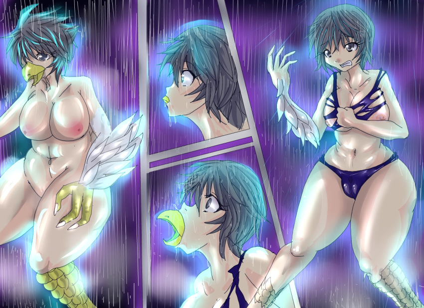 2012 animal_humanoid avian avian_humanoid beak bodily_fluids breasts camel_toe clothing female green_hair hair humanoid navel nipples nude raining sequence solo sukaretto tears torn_clothing transformation wet what wide_hips