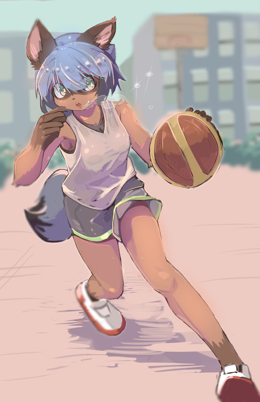 2020 5_fingers anthro basketball black_body black_fur blue_body blue_eyes blue_fur blue_hair bottomwear brand_new_animal breasts breath brown_body brown_fur canid canine clothed clothing day eipon_tarou female fingers fluffy fluffy_tail footwear fur hair hi_res holding_object jacket mammal michiru_kagemori multicolored_body multicolored_fur open_mouth outside playing_sport raccoon_dog shirt shoes short_hair shorts solo sport studio_trigger tank_top tanuki topwear