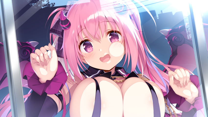 1girl against_glass anneliese areolae breast_press breasts cheek_press demon_girl demon_horns demon_wings detached_sleeves eyebrows_visible_through_hair from_outside game_cg horns huge_breasts kimagure_temptation kimishima_ao long_hair looking_at_viewer official_art open_mouth pink_hair purple_eyes solo twintails wings