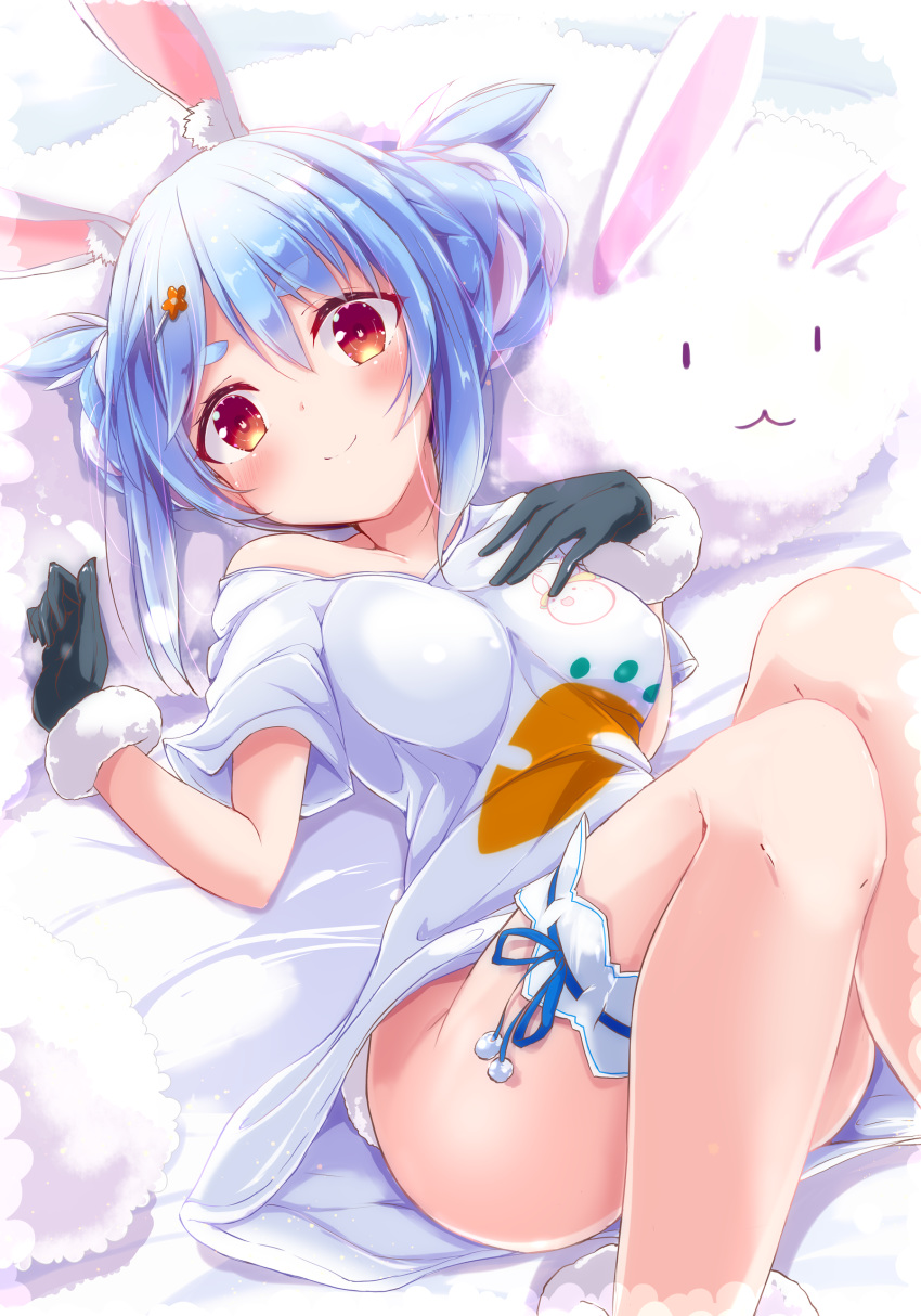 1girl absurdres alternate_hairstyle animal_ear_fluff animal_ears aqua_hair bare_legs black_gloves blush braid breasts bunny_ears bunny_pillow bunny_tail carrot_print closed_mouth eyebrows_visible_through_hair food_print fur-trimmed_gloves fur_trim gloves hair_ornament hand_on_own_chest highres hololive looking_at_viewer lying medium_breasts medium_hair multicolored_hair naked_shirt nanaume_(shichimi_tougarashi) no_panties on_back red_eyes shirt short_sleeves smile solo star star_hair_ornament t-shirt tail thick_eyebrows thigh_strap thighs two-tone_hair usada_pekora virtual_youtuber white_hair white_shirt