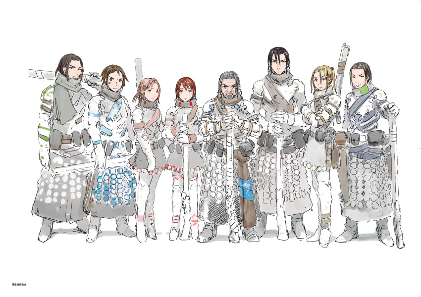 3girls 5boys armor artbook beard black_hair blame! blonde_hair brown_eyes brown_hair crossed_arms electrofisher facial_hair full_body gloves grey_eyes grey_hair gun hair_ornament highres holding holding_weapon looking_at_viewer multiple_boys multiple_girls muted_color nihei_tsutomu over_shoulder pouch rifle scarf short_hair simple_background sketch skirt smile standing stitched tae_(blame!) third-party_edit weapon weapon_on_back weapon_over_shoulder white_background zuru_(blame!)