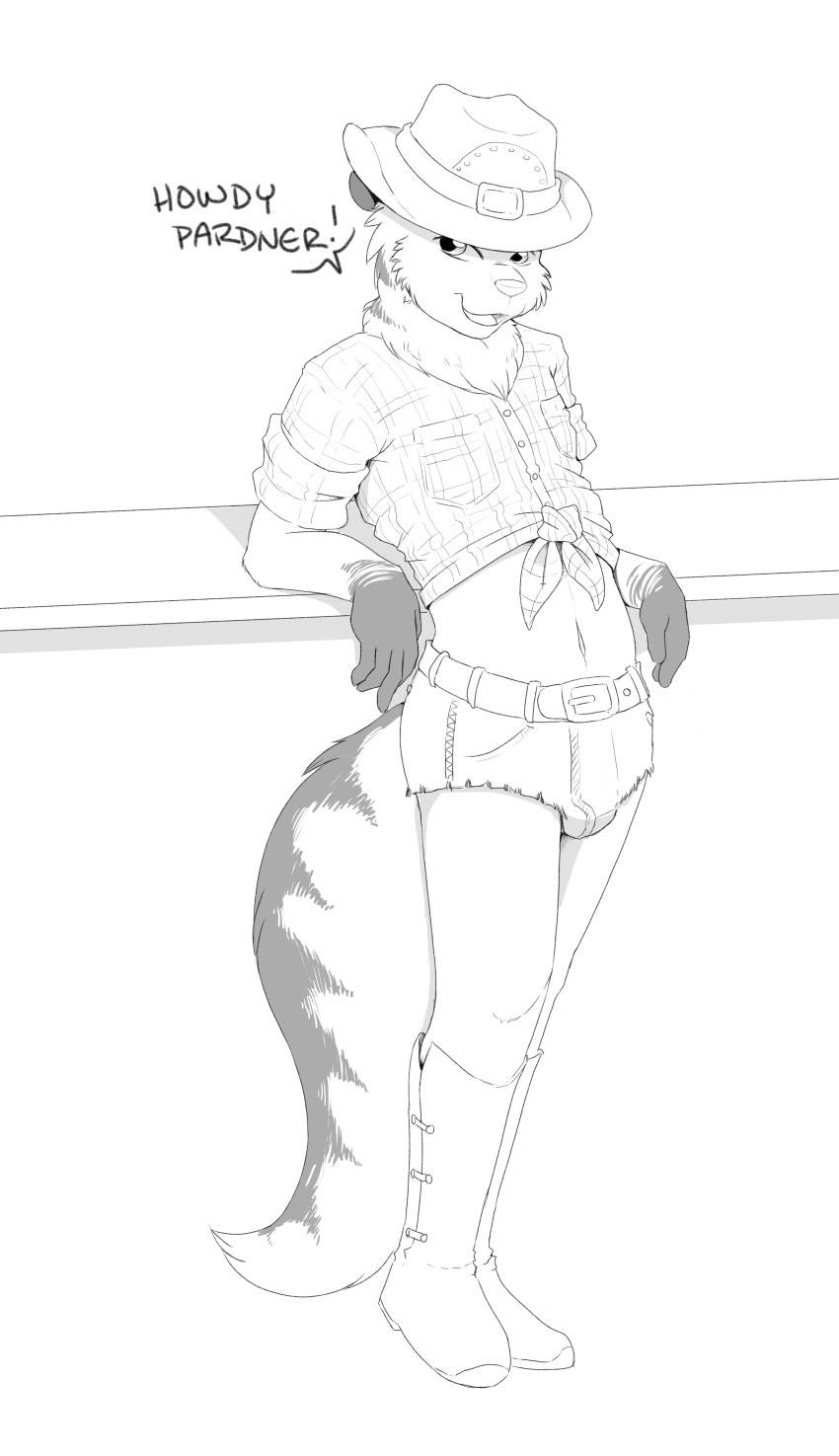 2019 5_fingers absurd_res anew_(character) anthro arkaid arm_support belt boots bulge chest_tuft clothed clothing crossdressing dialogue domestic_cat english_text felid feline felis fingers fluffy fluffy_tail footwear fur girly greyscale hat headgear headwear hi_res leaning long_tail looking_at_viewer maine_coon male mammal monochrome navel open_mouth pinup pose simple_background smile solo standing suggestive text tuft western