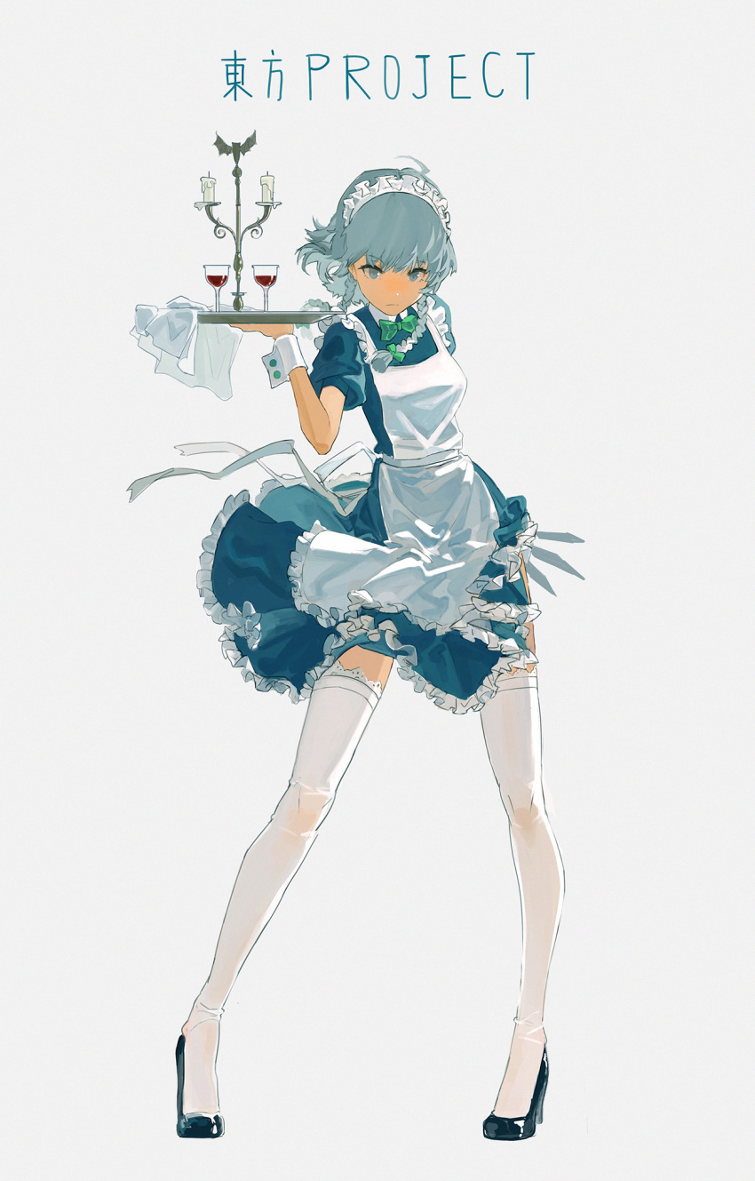 1girl apron black_footwear blue_shirt blue_sky bow bowtie braid candle candlestand commentary copyright_name cup drinking_glass frills full_body green_bow green_neckwear grey_eyes grey_hair hair_bow hand_up highres holding holding_knife holding_tray izayoi_sakuya knife maid_headdress shirt short_hair_with_long_locks short_sleeves sky solo thighhighs touhou tray tss-mire twin_braids white_legwear wine_glass wrist_cuffs