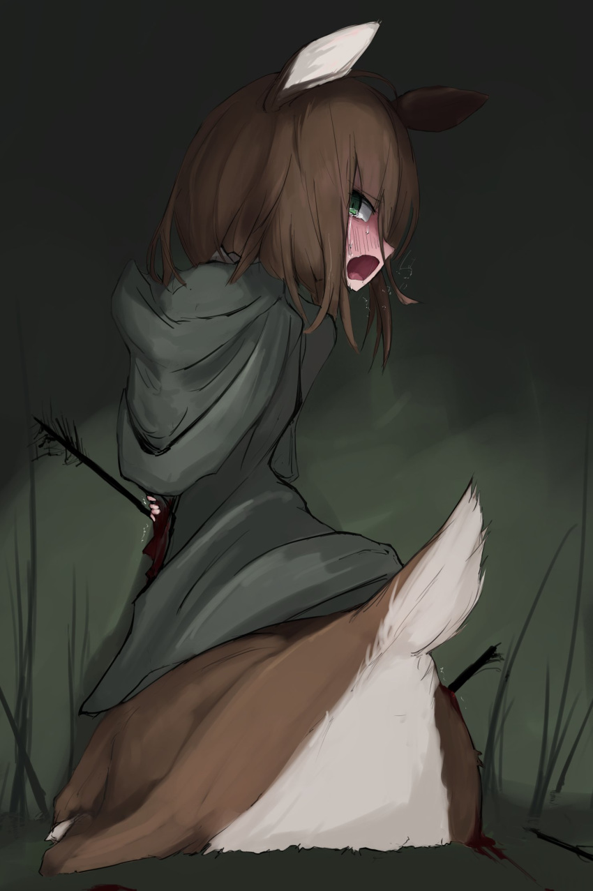 angry arrow blush brown_hair cervid cervid_taur female grass hair hi_res hood looking_back mammal mammal_taur nebrve not_furry outside rear_view solo taur wounded young