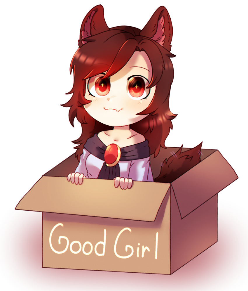 +_+ 1girl absurdres animal_ears box breasts brooch brown_hair chibi collarbone dress dungeon_toaster eyebrows_visible_through_hair fang highres imaizumi_kagerou jewelry long_hair long_sleeves medium_breasts off-shoulder_dress off_shoulder red_eyes solo tail tail_wagging touhou transparent_background white_dress wide_sleeves wolf_ears wolf_girl wolf_tail