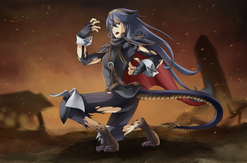 2016 absurd_res alternate_species animal_humanoid cape clothing crouching dragon dragon_humanoid embers female fire_emblem hair hi_res horn horn_growth human_to_feral humanoid indy-k long_hair lucina nintendo open_mouth solo species_transformation story_at_source surprise tail_growth torn_clothing transformation video_games weapon