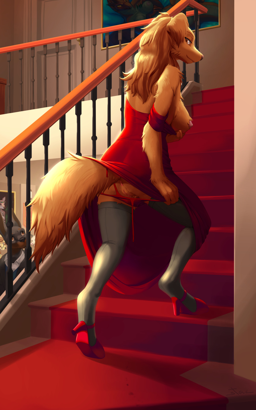 10:16 2020 absurd_res anthro breasts butt canid canine canis clothing dobermann domestic_dog door dress female footwear genitals hi_res high_heels legwear mammal nipples pinscher public pussy shoes smile stairs stockings stoic5