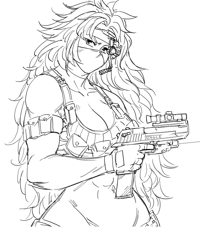 1girl abs arm_pouch arm_strap bare_shoulders bb_(baalbuddy) belt_pouch big_hair breasts cleavage commentary covered_mouth cowboy_shot curly_hair english_commentary fingerless_gloves gloves greyscale gun head_tilt headband highres holding holding_gun holding_weapon large_breasts laser_pointer laser_sight long_hair looking_at_viewer mask microphone monochrome mouth_mask muscle muscular_female navel pouch queen's_blade risty scope simple_background solo tank_top trigger_discipline very_long_hair weapon white_background