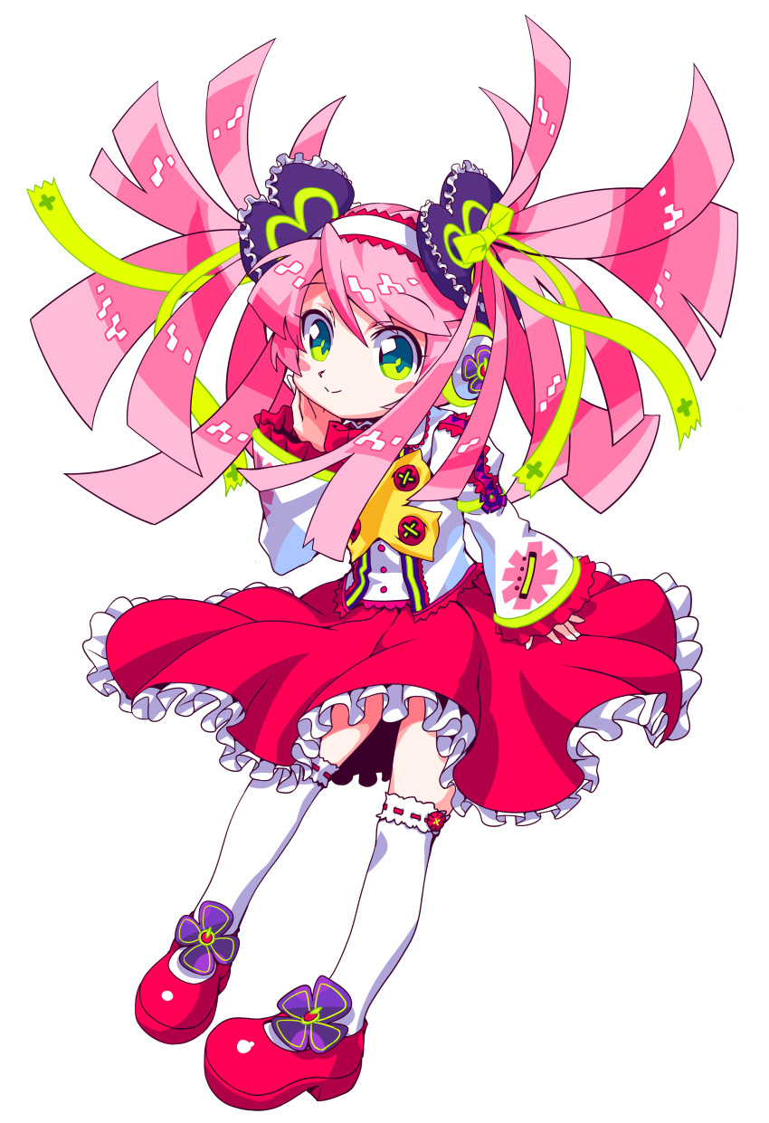 1girl absurdres blush_stickers closed_mouth eyebrows_visible_through_hair frilled_skirt frilled_sleeves frills full_body green_eyes green_ribbon hair_ornament hair_ribbon hand_on_own_cheek haruka_nana headphones highres jacket long_sleeves looking_at_viewer mary_janes nagimiso official_art over-kneehighs pink_hair red_footwear red_skirt ribbon ribbon-trimmed_legwear ribbon_trim shoes skirt solo thighhighs transparent_background twintails utau white_jacket white_legwear wide_sleeves