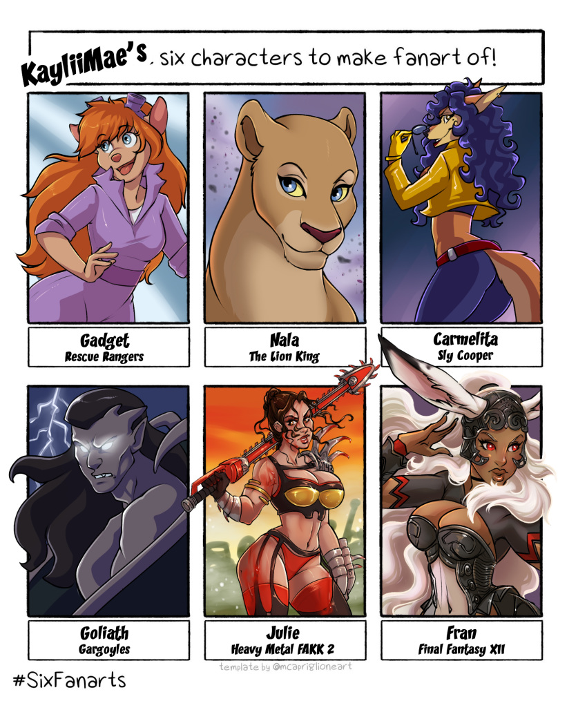 2020 4_fingers animal_humanoid anthro armor beauty_mark big_breasts black_hair blue_eyes blue_hair breasts brown_body brown_eyes brown_fur brown_hair canid canine carmelita_fox chainsaw_sword chip_'n_dale_rescue_rangers clothed clothing dark_skin dipstick_ears disney english_text eyewear felid female feral final_fantasy final_fantasy_xii fingers fox fran fully_clothed fur gadget_hackwrench gargoyle gargoyles gargoyles_(show) gloves glowing glowing_eyes goggles goggles_on_head goliath_(gargoyles) grey_body group hair handwear heavy_metal heavy_metal:_f.a.k.k._2 heavy_metal_2000 hi_res human humanoid julie_strain kaylii lagomorph lagomorph_humanoid leporid_humanoid lightning lion lips long_hair looking_at_viewer male mammal mammal_humanoid mouse multicolored_ears murid murine muscular muscular_female muscular_male nala pantherine piercing rabbit_humanoid red_eyes red_hair rodent scar signature six_fanarts_challenge sly_cooper_(series) sony_corporation sony_interactive_entertainment square_enix sucker_punch_productions sunglasses text the_lion_king thick_lips thick_thighs topwear vest video_games viera white_hair wings