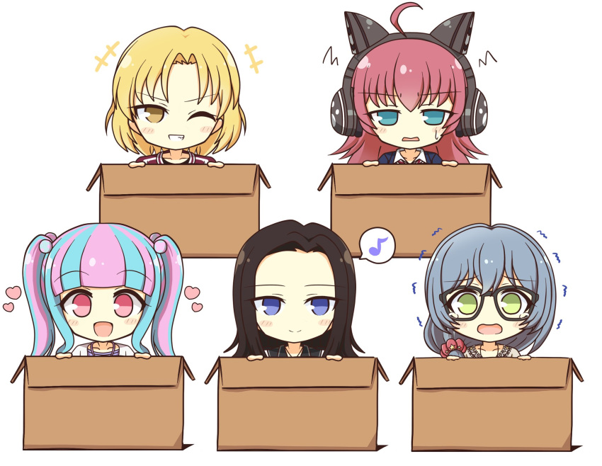 +++ 5girls :d ahoge bang_dream! bangs black-framed_eyewear black_hair black_shirt black_vest blonde_hair blue_eyes blue_hair blunt_bangs blush_stickers box cardboard_box cat_ear_headphones chu2_(bang_dream!) collarbone collared_shirt commentary_request eyebrows_visible_through_hair forehead glasses green_eyes grin hair_between_eyes hair_bobbles hair_ornament hair_over_shoulder hair_scrunchie headphones heart highres in_box in_container jacket layer_(bang_dream!) lock_(bang_dream!) long_hair long_sleeves looking_at_viewer masking_(bang_dream!) multicolored_hair multiple_girls musical_note navy_blue_jacket necktie one_eye_closed open_mouth pareo_(bang_dream!) parted_hair pink_eyes pink_hair print_scrunchie purple_shirt raise_a_suilen red_hair red_jacket red_neckwear red_scrunchie scrunchie shirt short_hair sidelocks simple_background smile spoken_musical_note striped striped_neckwear sweatdrop tearing_up tears teen_(teen629) track_jacket trembling twintails two-tone_hair upper_body vest wavy_mouth white_background white_cardigan white_shirt yellow_eyes