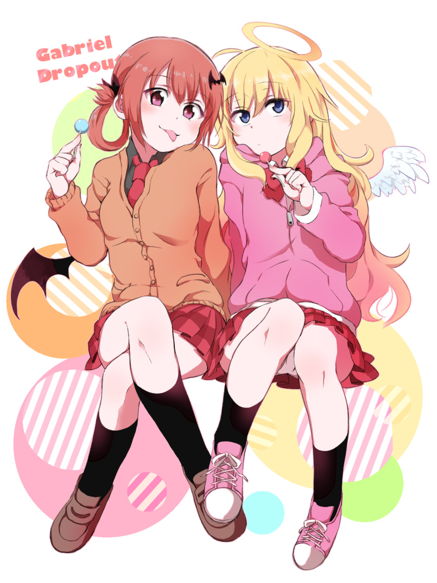 2girls :3 :p angel angel_wings bangs bat_hair_ornament blonde_hair blue_eyes bow bowtie brown_cardigan brown_footwear candy copyright_name crossed_legs demon_wings food gabriel_dropout hair_ornament hair_ribbon hair_rings halo hana_(h6n6_matsu) highres hood hood_down hooded_jacket jacket knees_together_feet_apart kurumizawa_satanichia_mcdowell loafers lollipop long_hair looking_at_viewer multiple_girls necktie pink_footwear pink_jacket plaid plaid_skirt red_eyes red_hair red_neckwear red_skirt ribbon shoes sitting skirt sneakers socks tenma_gabriel_white tongue tongue_out track_jacket wings