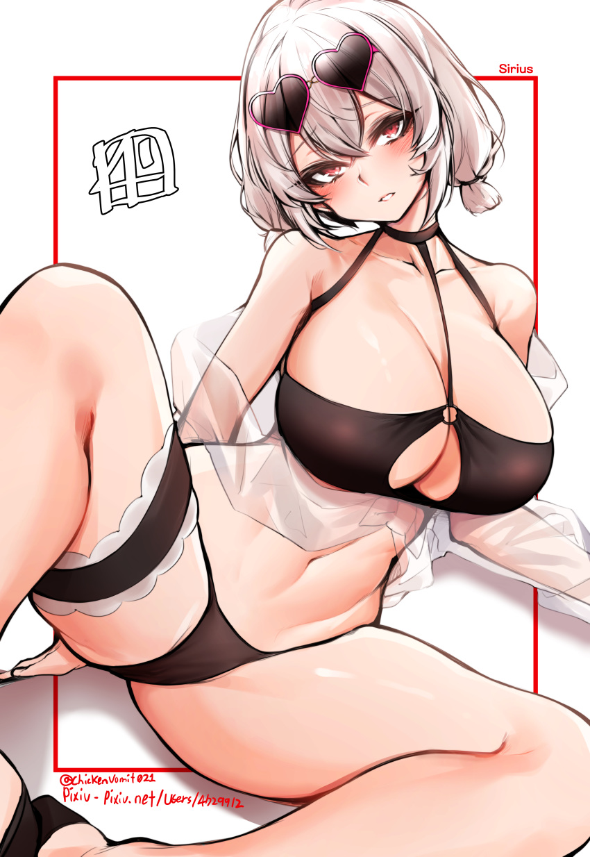 1girl absurdres azur_lane bangs bikini black_bikini blush breasts character_name chickenvomit choker cleavage collarbone commentary_request crossed_bangs eyebrows_visible_through_hair eyewear_on_head hair_between_eyes head_tilt heart heart-shaped_eyewear highres large_breasts looking_at_viewer navel o-ring o-ring_top off_shoulder parted_lips pixiv_username red_eyes sheer_clothes short_hair short_twintails sirius_(azur_lane) sirius_(midsummer_seirios)_(azur_lane) smile solo spread_legs sunglasses swimsuit thigh_strap twintails twitter_username white_hair