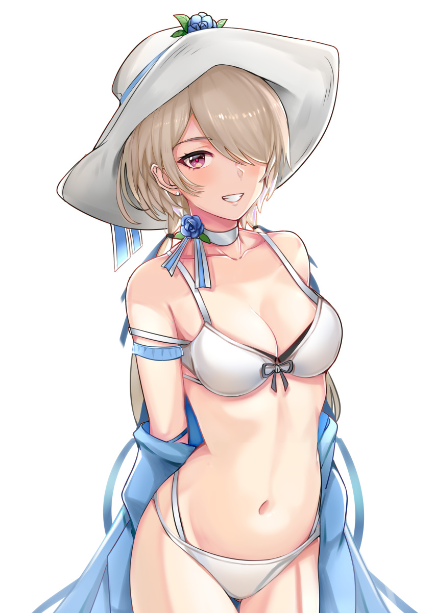 1girl absurdres bikini blue_flower blue_rose breasts cowboy_shot earrings flower front-tie_bikini front-tie_top grin hair_over_one_eye hat hat_flower highres honkai_(series) honkai_impact_3rd jacket jacket_pull jewelry large_breasts light_brown_hair mole mole_under_eye navel neck_ribbon open_clothes open_jacket purple_eyes ribbon rita_rossweisse rose short_hair smile solo sun_hat swimsuit white_bikini white_headwear zhourues