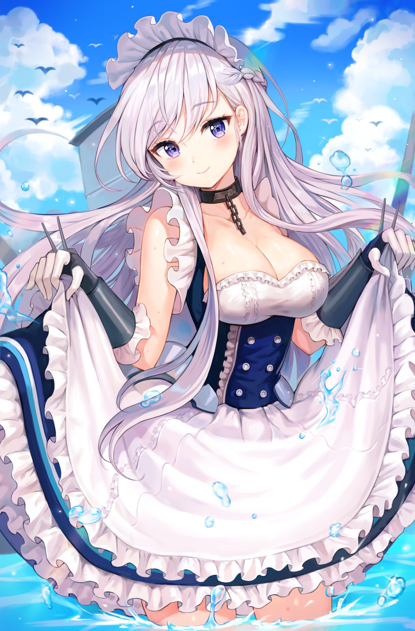 1girl absurdres apron azur_lane bangs belfast_(azur_lane) bird blue_eyes blue_sky blush braid breasts chain cleavage cloud collar collarbone dress edgamer541 eyebrows_visible_through_hair french_braid frilled_apron frilled_gloves frills gloves gradient_sky hair_between_eyes highres in_water large_breasts lifted_by_self long_hair looking_at_viewer maid maid_apron maid_headdress ocean seagull silver_hair sky smile solo white_apron white_gloves