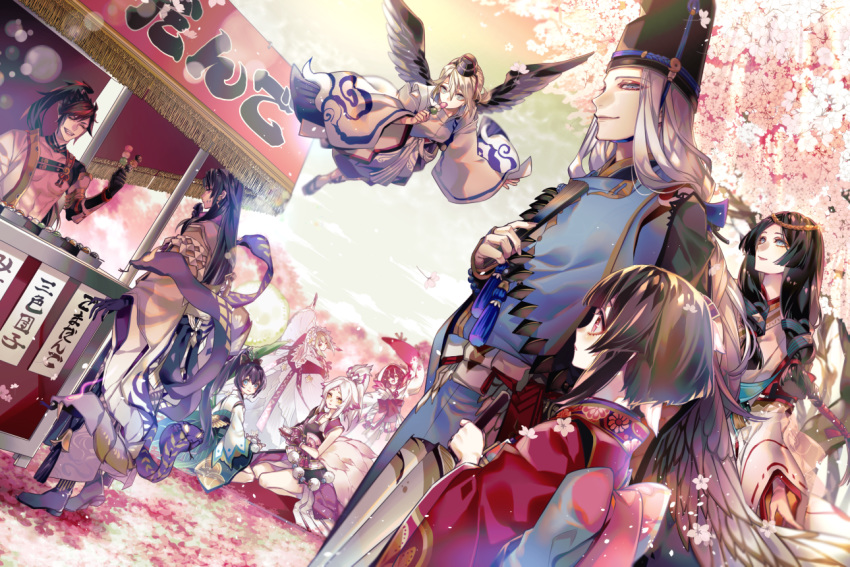 4boys 6+girls abe_no_seimei_(onmyoji) black_hair black_headwear blue_eyes bow character_request cherry_blossoms closed_eyes daitengu_(onmyoji) dango food hat japanese_clothes long_hair looking_back multiple_boys multiple_girls official_art onmyoji outdoors parasol ponytail sitting smile tate_eboshi uehara_(higanbachi) umbrella wagashi white_hair wide_sleeves wings ying_grass