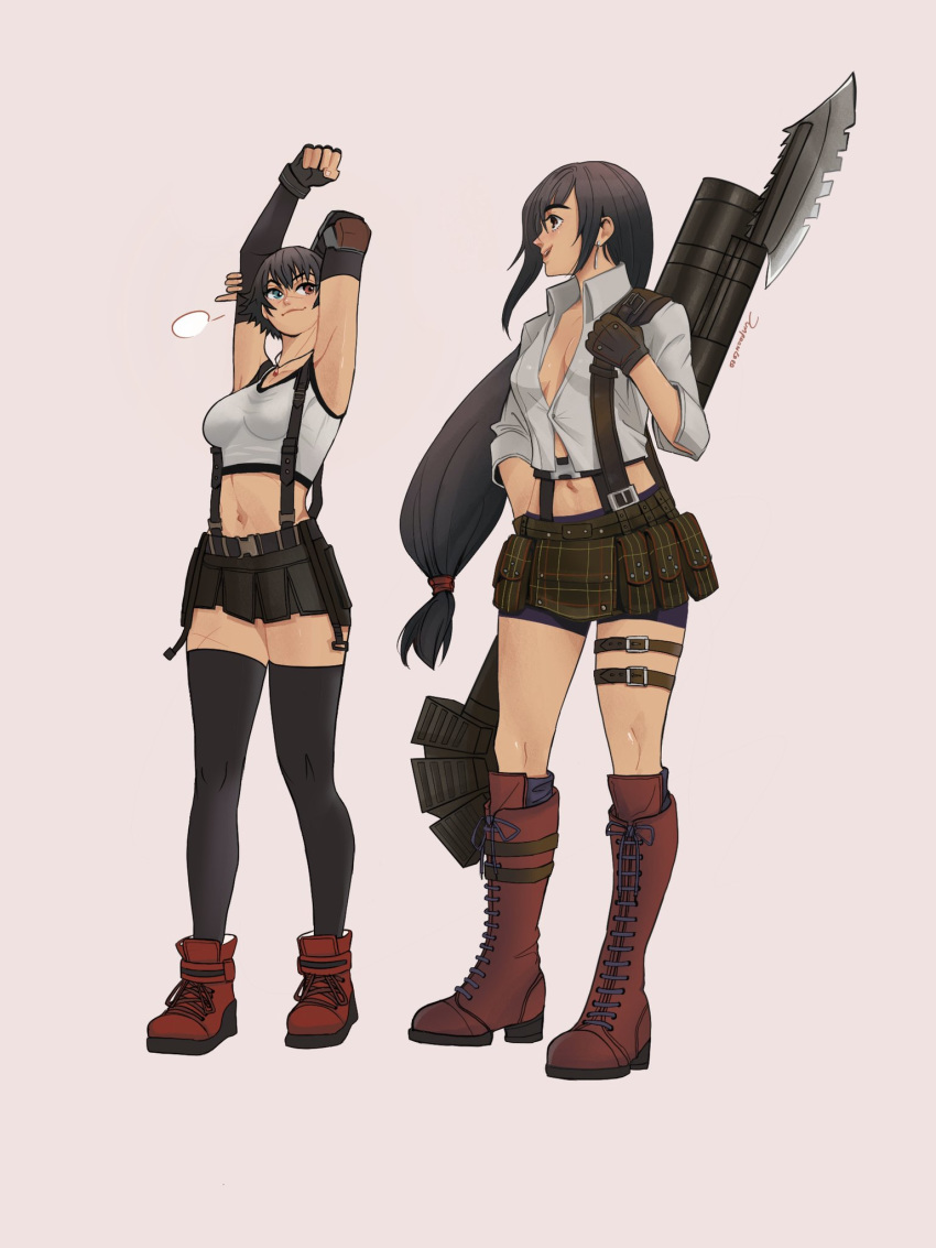 2girls arms_up bike_shorts black_hair boots breasts cleavage cosplay costume_switch crossover devil_may_cry devil_may_cry_3 final_fantasy final_fantasy_vii final_fantasy_vii_remake heterochromia highres jumpoon kalina_ann_(weapon) knee_boots lady_(devil_may_cry) long_hair low-tied_long_hair multiple_girls navel no_bra red_footwear scar short_hair standing stomach suspenders thigh_boots thighhighs tifa_lockhart weapon weapon_on_back