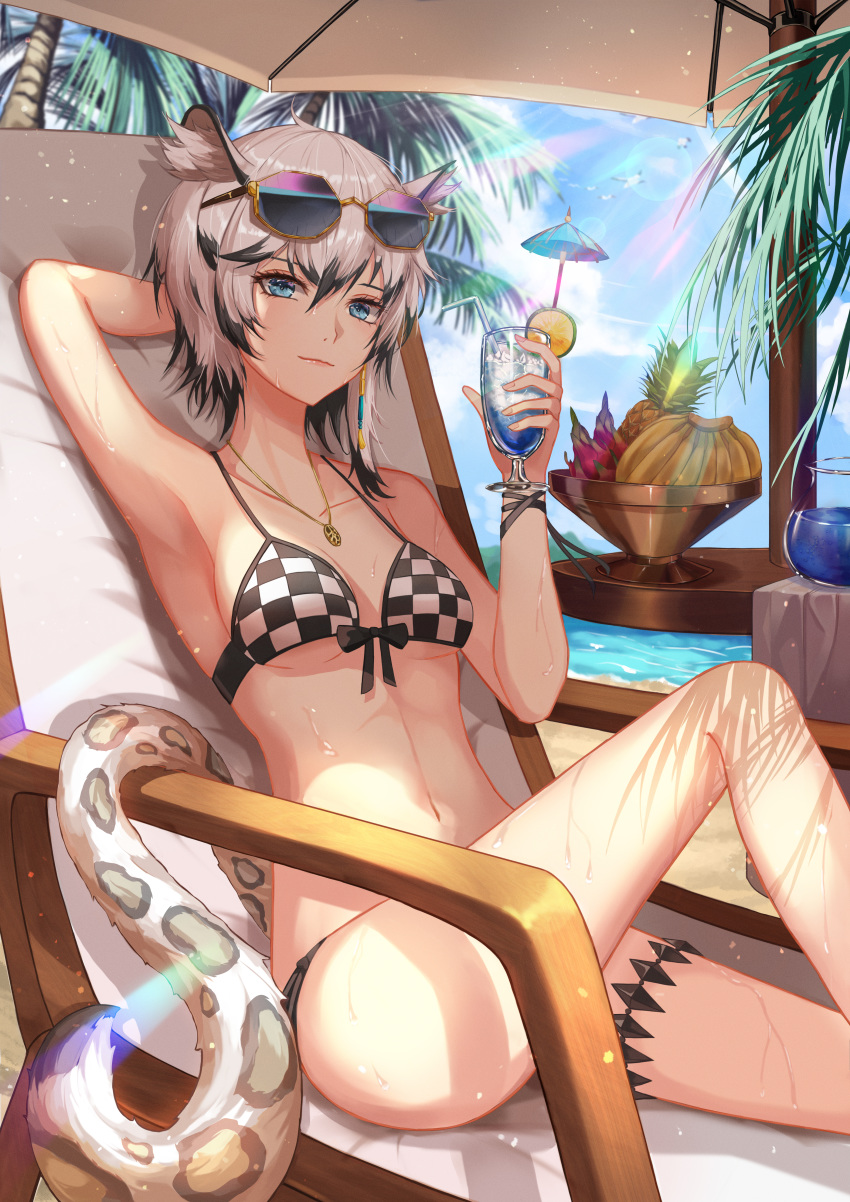 1girl absurdres animal_ear_fluff animal_ears arknights arm_behind_head arm_up armpits banana bangs bare_arms bare_legs bare_shoulders beach_umbrella bikini black_hair blue_sky breasts chair checkered checkered_bikini cliffheart_(arknights) commentary cup day drinking_glass drinking_straw eyewear_on_head feet_out_of_frame food fruit grey_eyes hair_between_eyes hand_up highres holding holding_cup huge_filesize ihan jewelry knee_up leopard_ears leopard_tail looking_at_viewer medium_breasts multicolored_hair navel no_hat no_headwear pendant pineapple short_hair silver_hair sitting sky smile solo stomach streaked_hair sunglasses swimsuit tail thighs umbrella