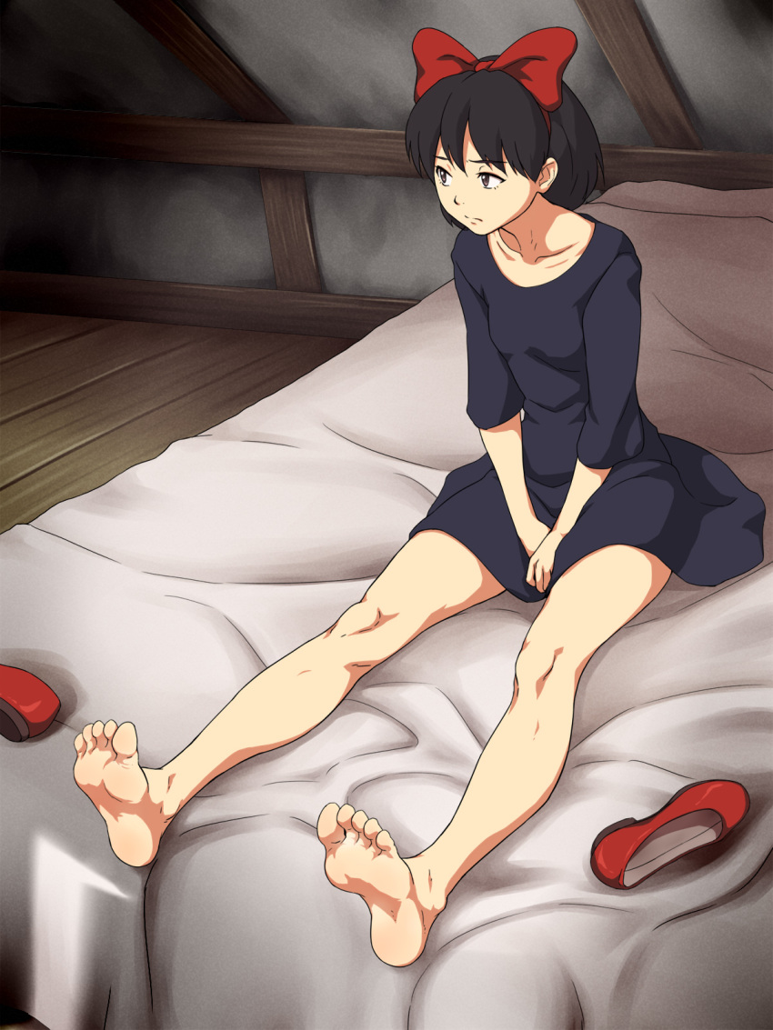 1girl attic bangs bare_legs barefoot bed bed_sheet black_dress black_hair bow brown_eyes closed_mouth collarbone commentary dress expressionless feet flat_chest hair_bow hairband hands_on_own_crotch highres kiki kiki_(little_twin_stars) legs looking_away majo_no_takkyuubin maku_(l-u) no_shoes on_bed outstretched_legs red_bow red_footwear shoes_removed short_hair sitting sitting_on_bed soles solo studio_ghibli toes wooden_floor