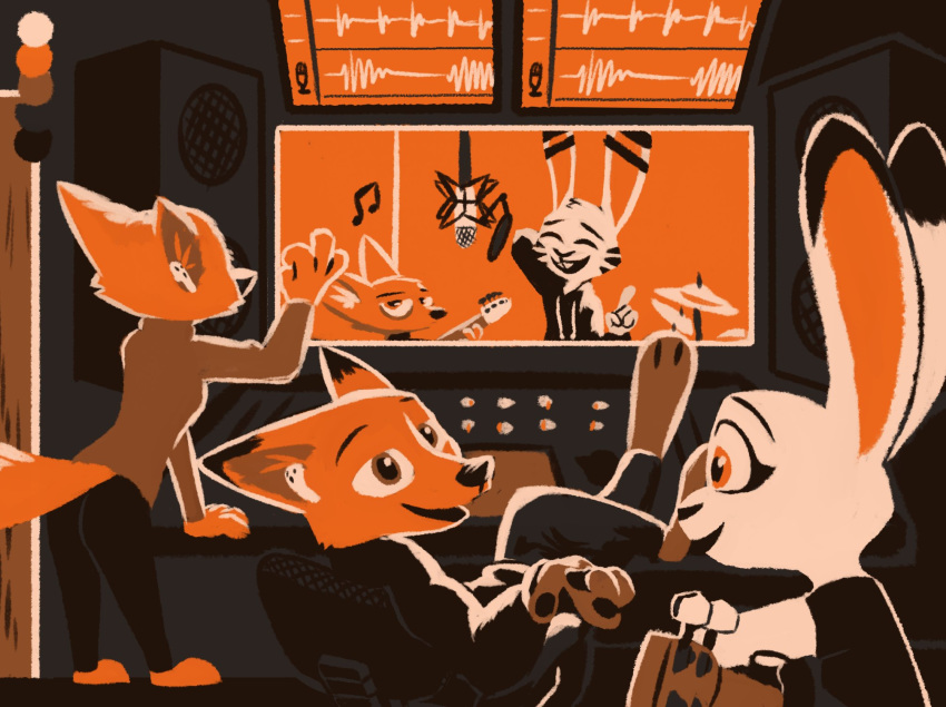 2020 anthro arctic_fox barefoot buckteeth canid canine chair color_swatch detailed_background disney ear_markings eyes_closed facial_markings fennec finnick fox fur furniture group head_markings head_tuft hi_res holding_musical_instrument holding_object inside jack_savage judy_hopps lagomorph leporid mammal markings musical_instrument musical_note nick_wilde rabbit red_fox restricted_palette sitting skye_(zootopia) smile speaker standing teeth theblueberrycarrots tuft zootopia