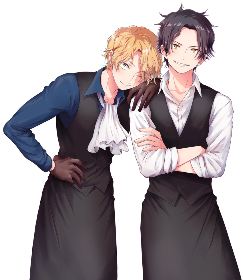 2boys apron bangs black_apron black_hair black_vest blonde_hair blue_shirt brown_gloves closed_mouth collar collarbone collared_shirt crossed_arms gloves hand_on_another's_shoulder hand_on_hip highres long_sleeves looking_at_viewer male_focus multiple_boys nyuu_men one_eye_closed one_piece parted_bangs portgas_d_ace sabo_(one_piece) scar scar_across_eye shirt short_hair simple_background smile standing uniform vest waiter white_background white_neckwear white_shirt yellow_eyes
