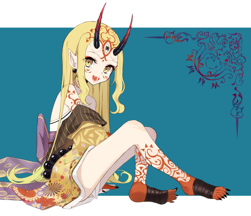 1girl absurdres bare_shoulders beads blonde_hair blue_background border breasts earrings facial_mark fangs fate/grand_order fate_(series) feet fingernails floral_print forehead forehead_mark hair_pulled_back highres horns ibaraki_douji_(fate/grand_order) japanese_clothes jewelry kimono knees_up legs long_hair long_sleeves looking_at_viewer obi oni oni_horns open_mouth pointy_ears sash sharp_fingernails sitting small_breasts smile solo tattoo torry912 white_border wide_sleeves yellow_eyes yellow_kimono